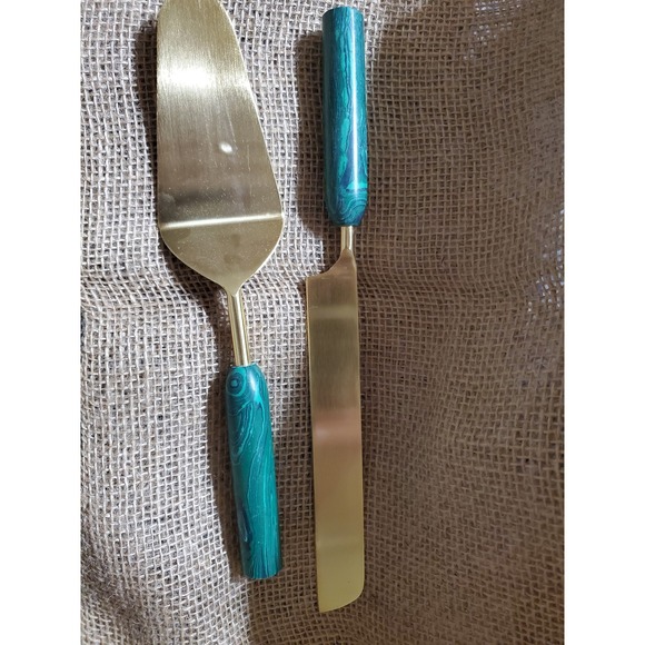 Gold Cake Server Set Green Handle Knife Spatula Wedding Party Serving Utensils - Picture 1 of 4